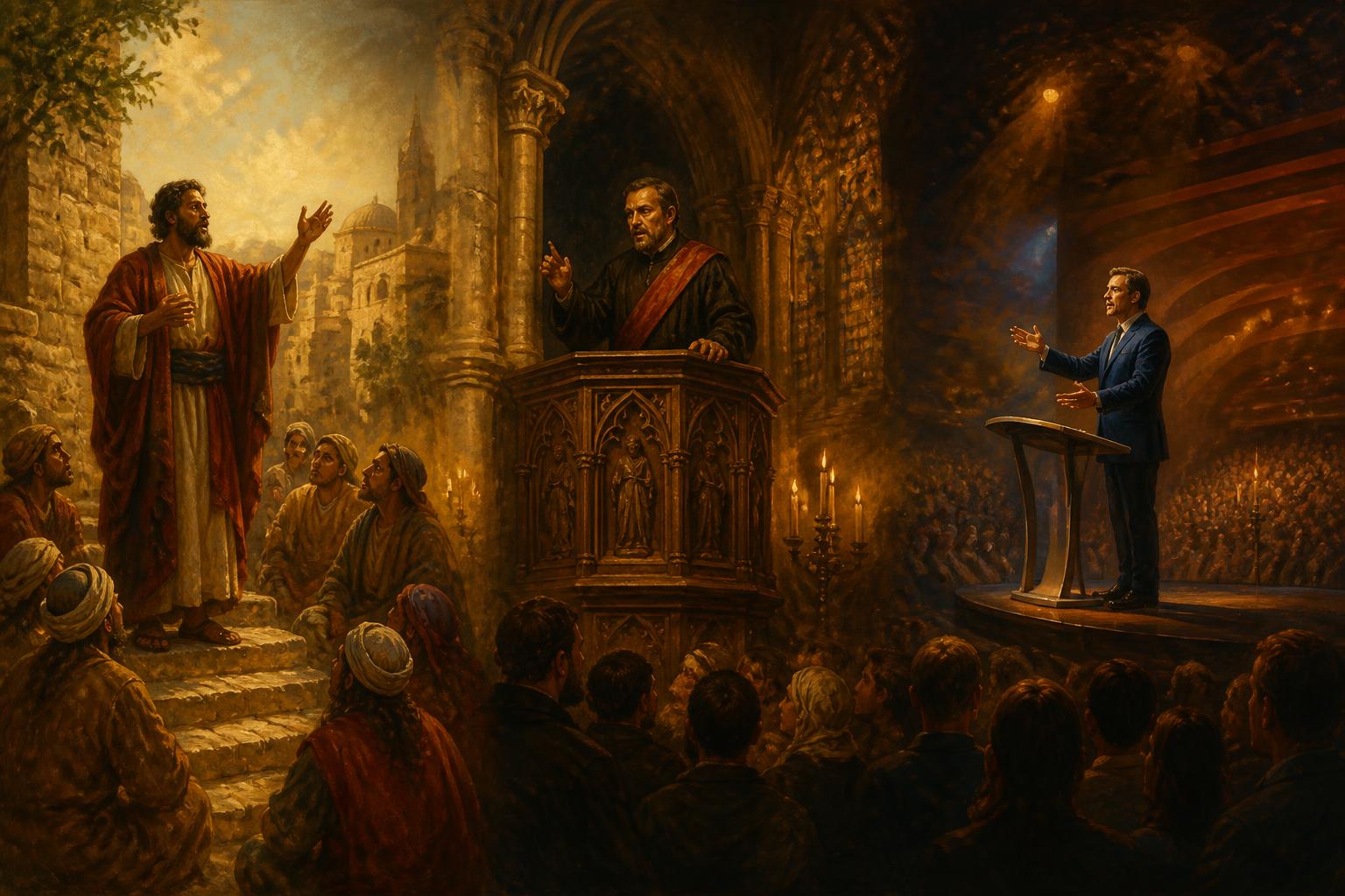 A triptych of preaching through the ages: a street preacher in ancient Jerusalem, a robed monk in a medieval Gothic pulpit, and a modern pastor at a contemporary mega-church pulpit.